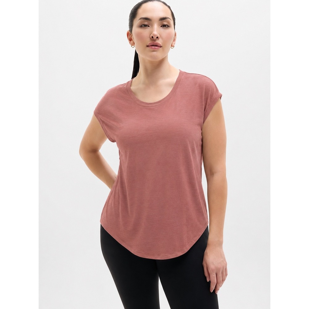 Athleta Breezy Scoop V-Neck Tee Mauve Rose Pink Cap Sleeve Relaxed Top Medium
